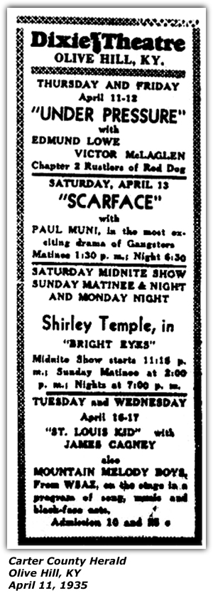 Promo Ad - Dixie Theatre - Olive Hill, KY - Mountain Melody Boys from WSAZ - April 1938