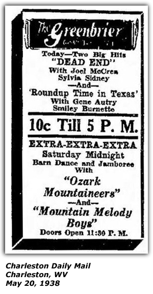 Promo Ad - The Greenbrier - Charleston, WV - Ozark Mountaineers - Mountain Melody Boys - May 1938
